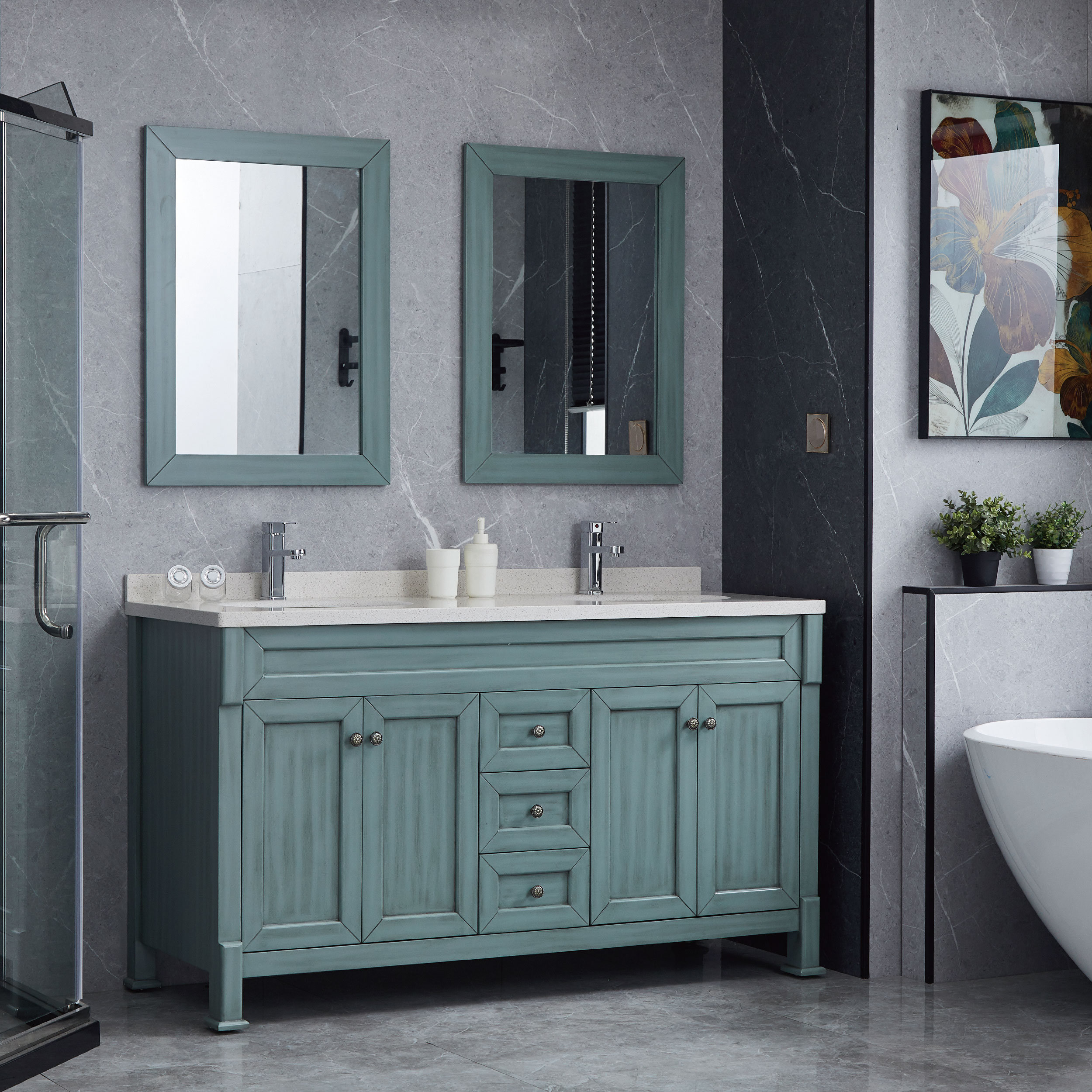 Light blue bathroom cabinets