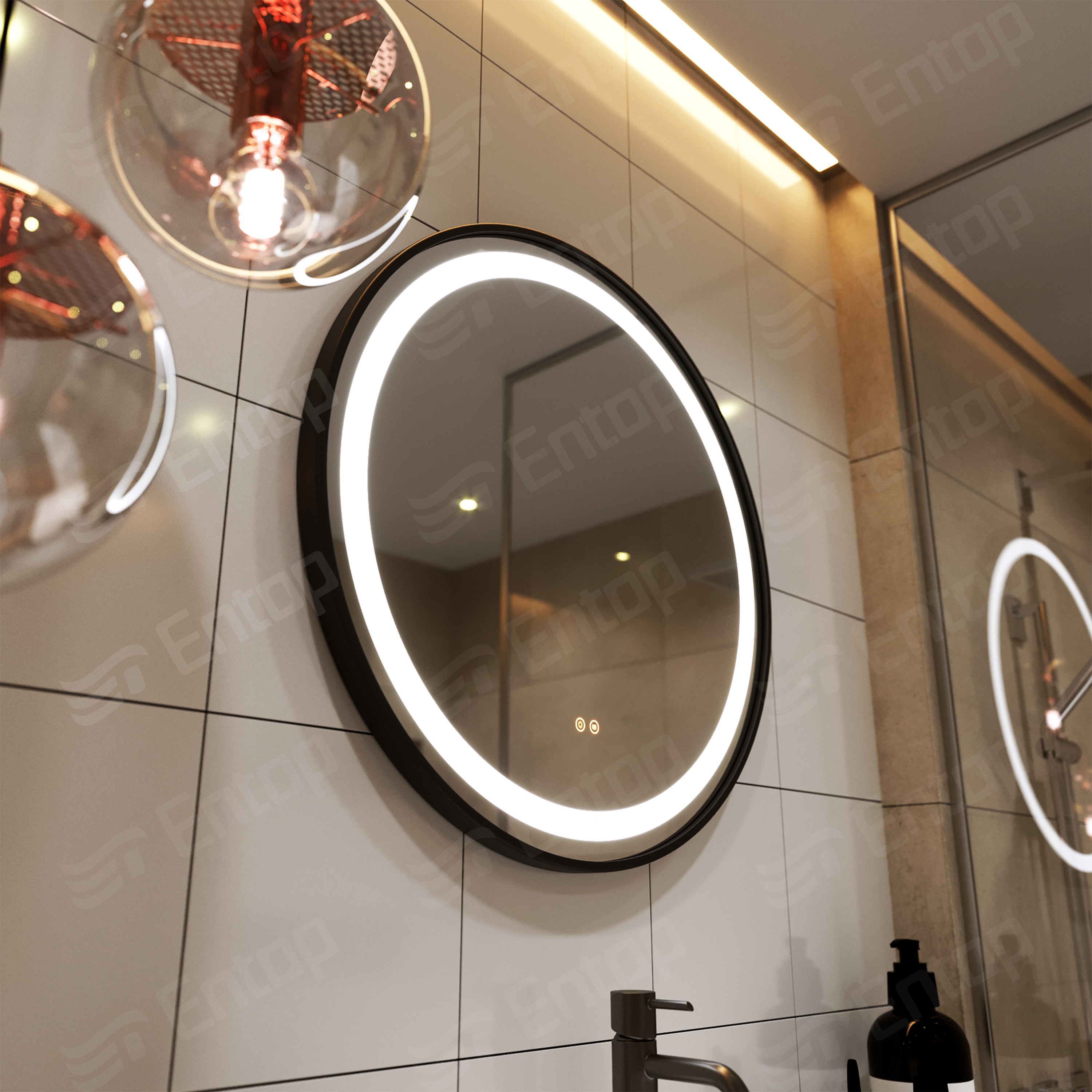 Espejo LED con luces redondas con marco de hierro negro - Comprar espejo para baño, espejo
